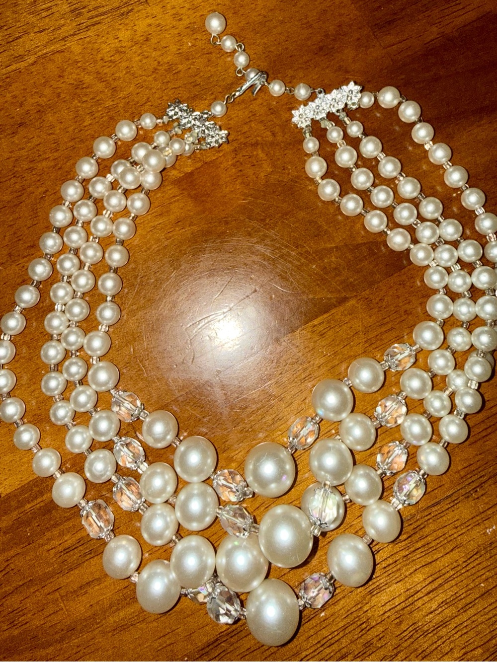 Vintage Pearl and Crystal Bead 4 Strand Necklace Stamped Japan Wedding Bridal